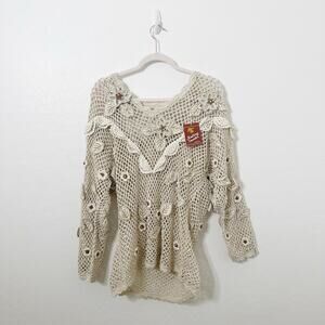 Lim's Vintage Hand Crocheted Pullover Sweater Tan Floral Applique Beaded
